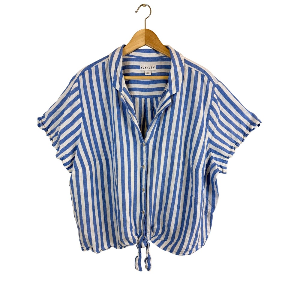 AVA & VIV Tie Front Button Down Shirt Women 3X Blue Striped Linen Blend